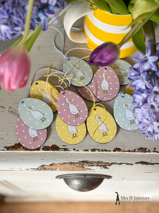 Easter egg decorations, hand painted and decorated oak shaped eggs, ready to use.
