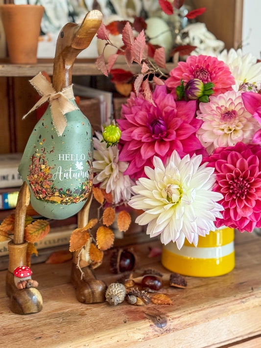 Hello Autumn Wooden Duck in Boots by Mrs H the Duck Lady