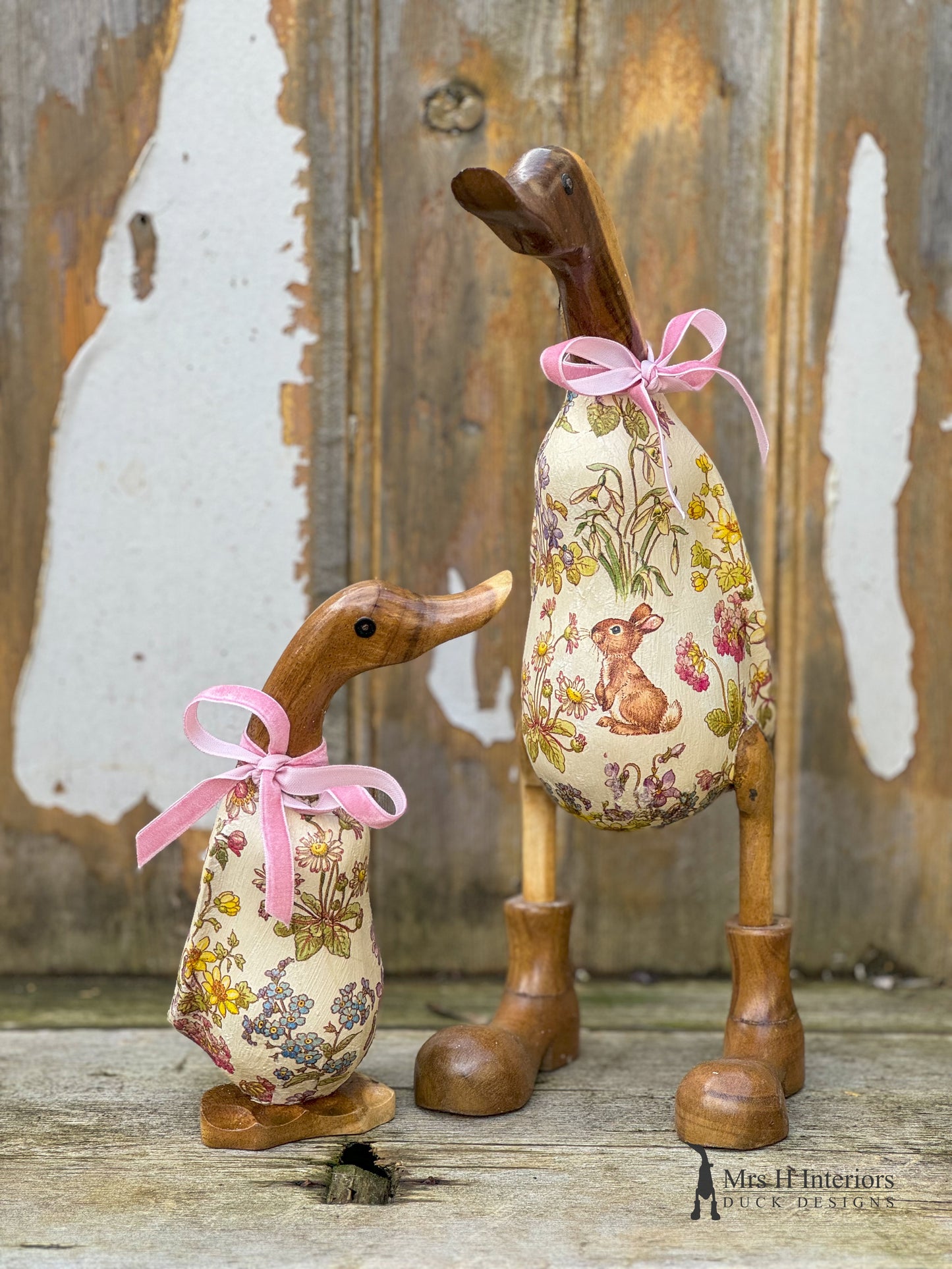 Betsy The Spring Bunny Duck - Decorated Wooden Duck in Boots by Mrs H the Duck Lady