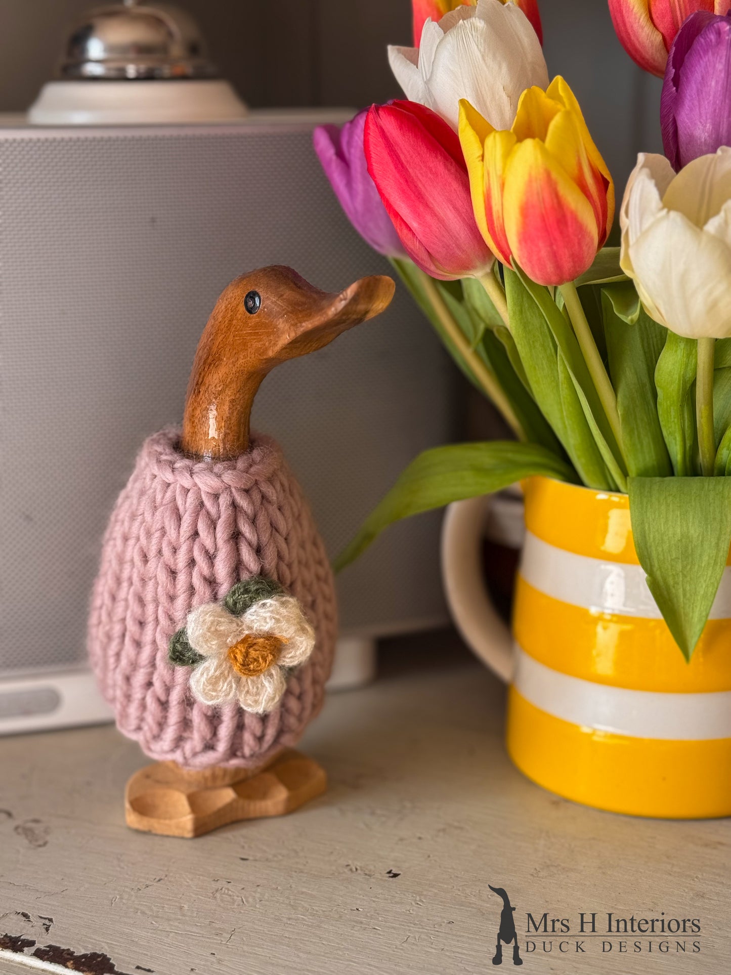 Daisy, the merino wool jumper wearing Wooden Duck in Boots by Mrs H the Duck Lady