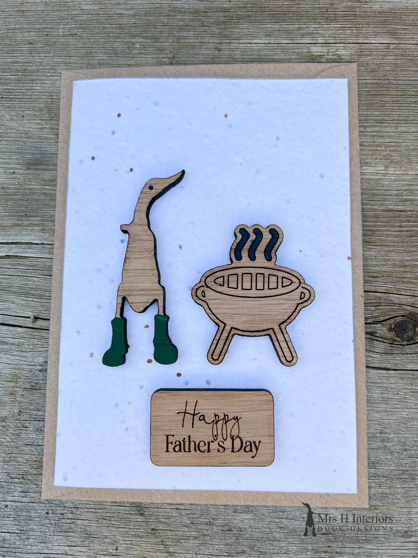 BBQ Birthday Card or Father’s Day Card - Handmade Seed Paper Card with Decorated Wooden Duck in Oak by Mrs H the Duck Lady