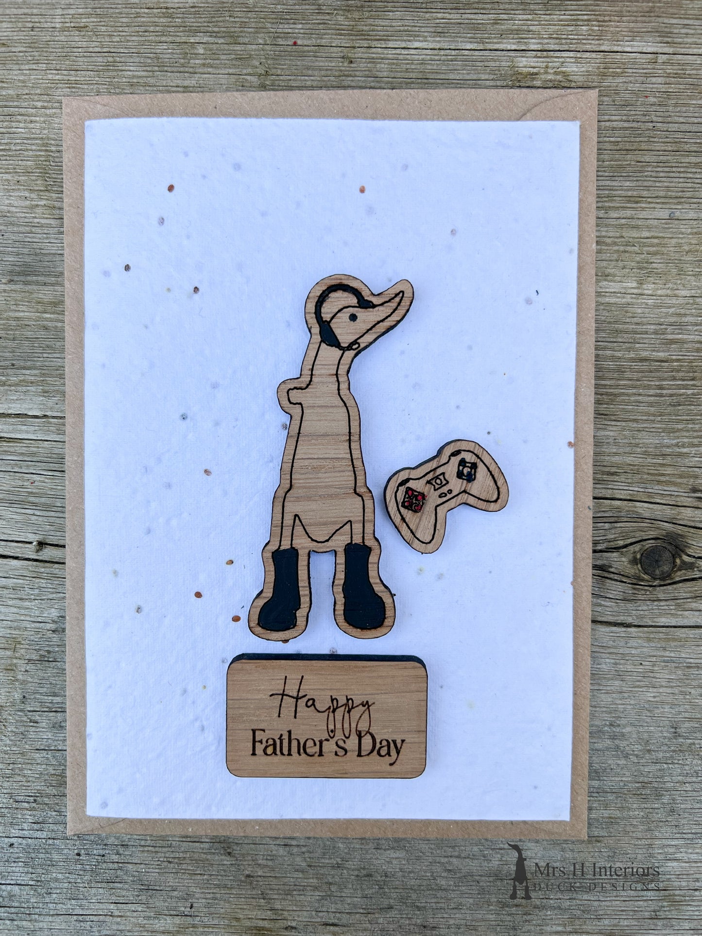 Gaming Duck - Birthday or Father’s Day Card - Decorated Wooden Duck in Boots by Mrs H the Duck Lady