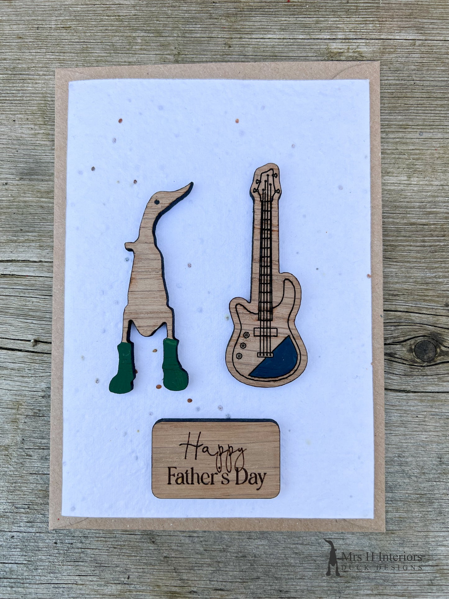 Guitar Birthday Card or Father’s Day Card - Handmade Seed Paper Card with Decorated Wooden Duck in Oak by Mrs H the Duck Lady