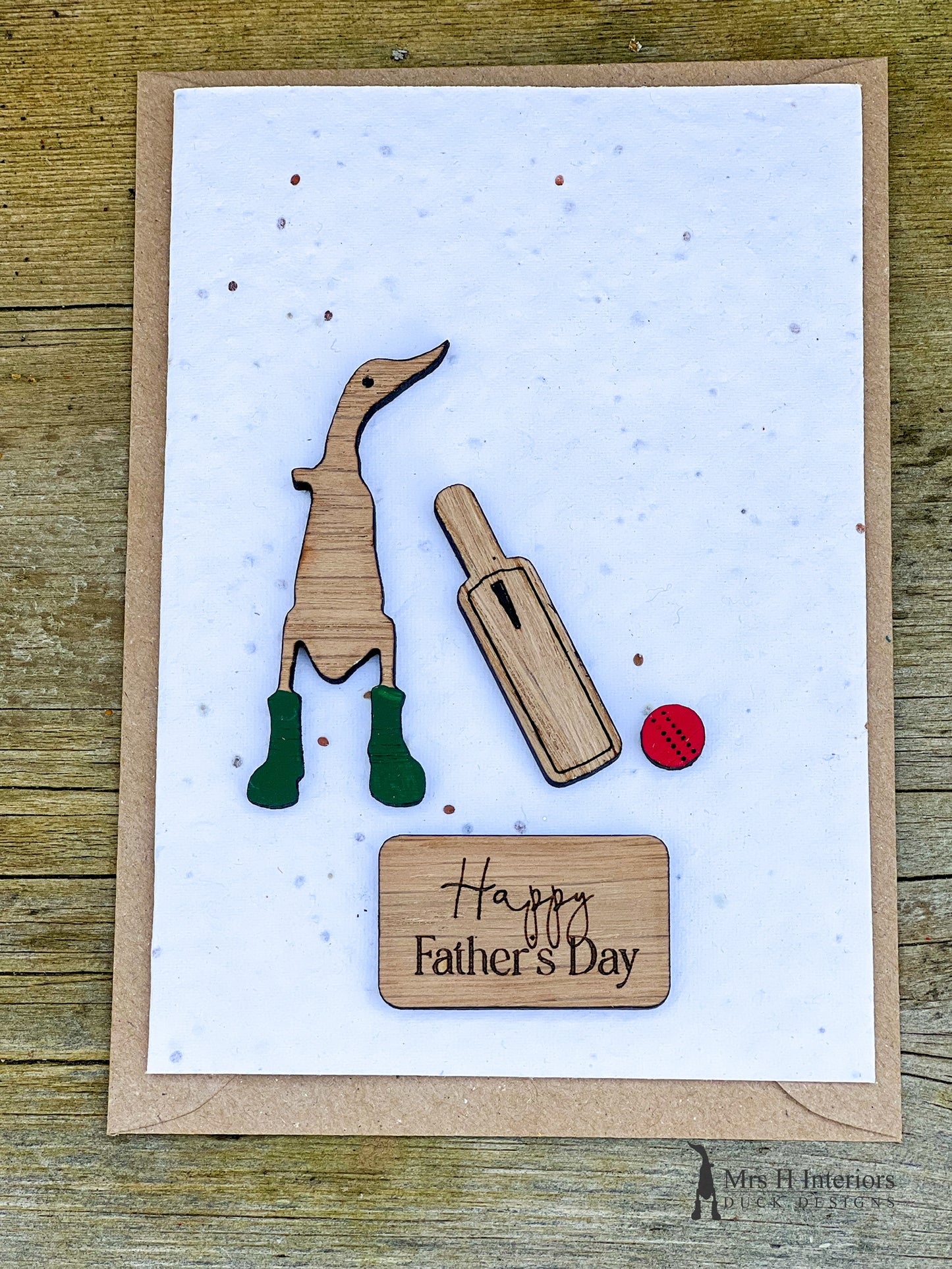 Cricket - Birthday or Father’s Day Card - Decorated Wooden Duck in Boots by Mrs H the Duck Lady