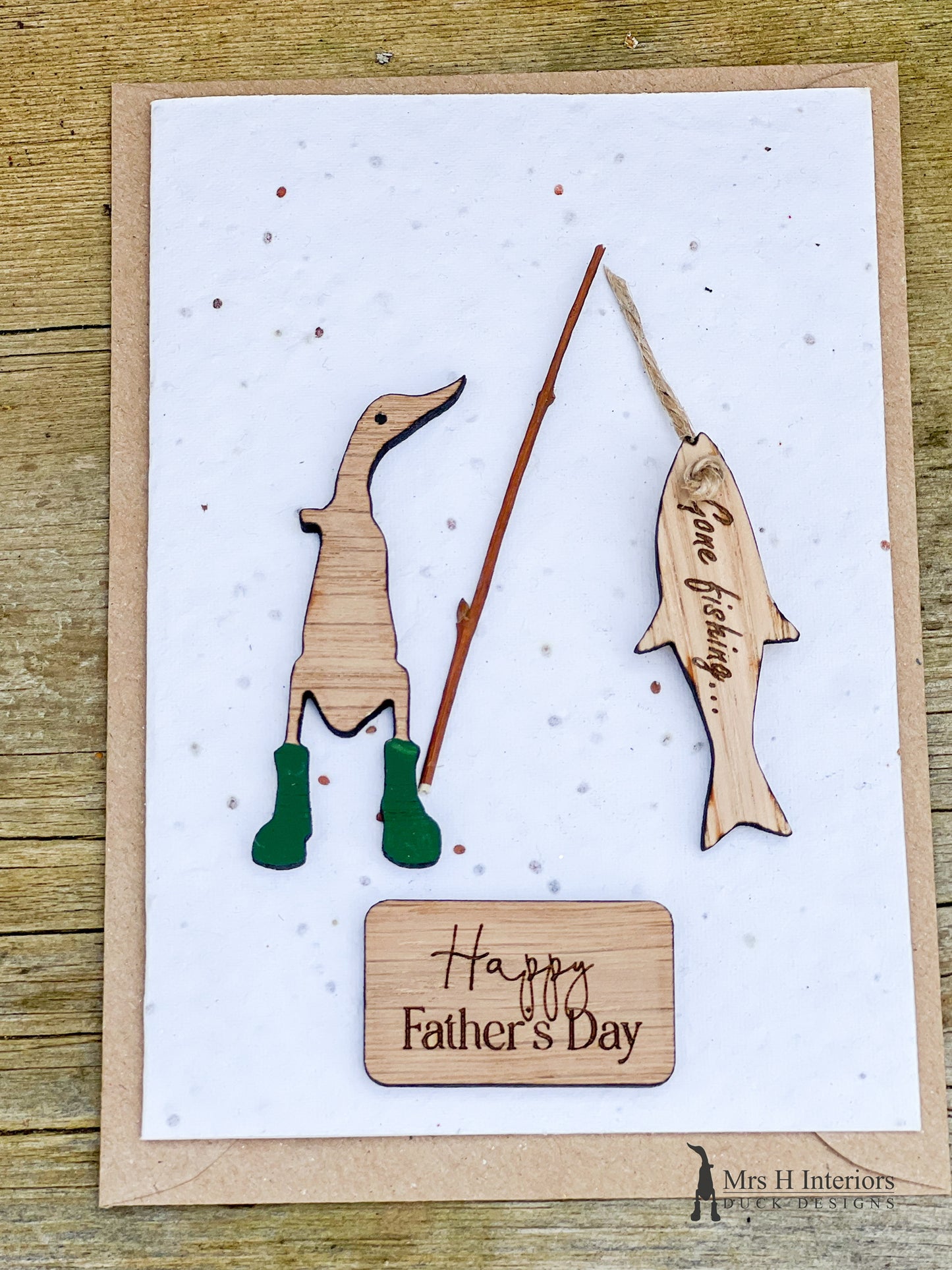 Fishing - Birthday or Father’s Day Greetings Card - Decorated Wooden Duck in Boots by Mrs H the Duck Lady
