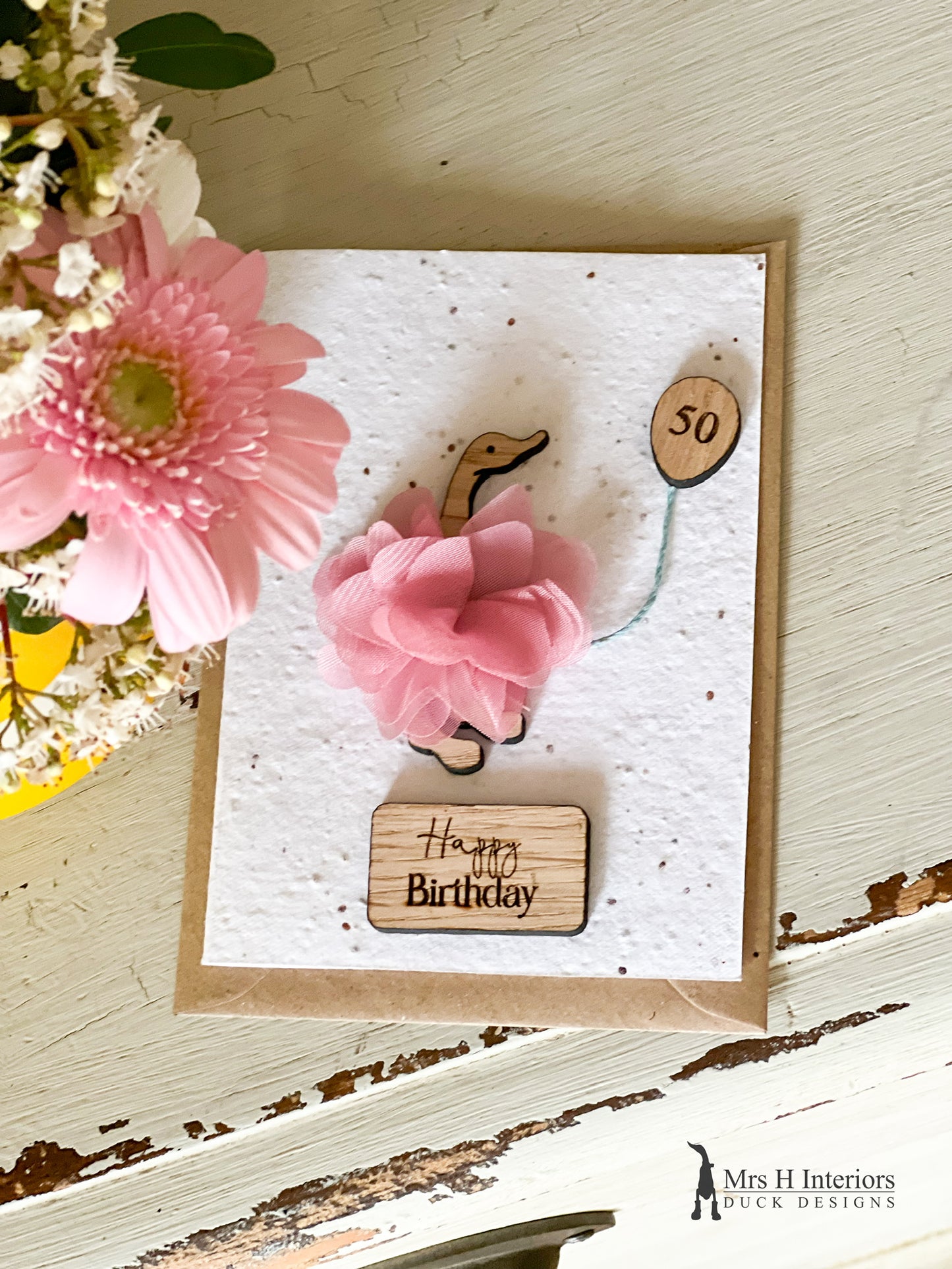 Happy Special Birthday Duck Tutu Card (Any Age) -  Greetings Card - Decorated Wooden Duck in Boots by Mrs H the Duck Lady
