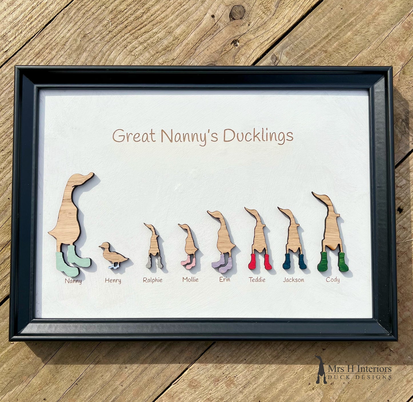 Family portrait A3. Personalised Decorated Wooden Ducks in Boots by Mrs H the Duck Lady