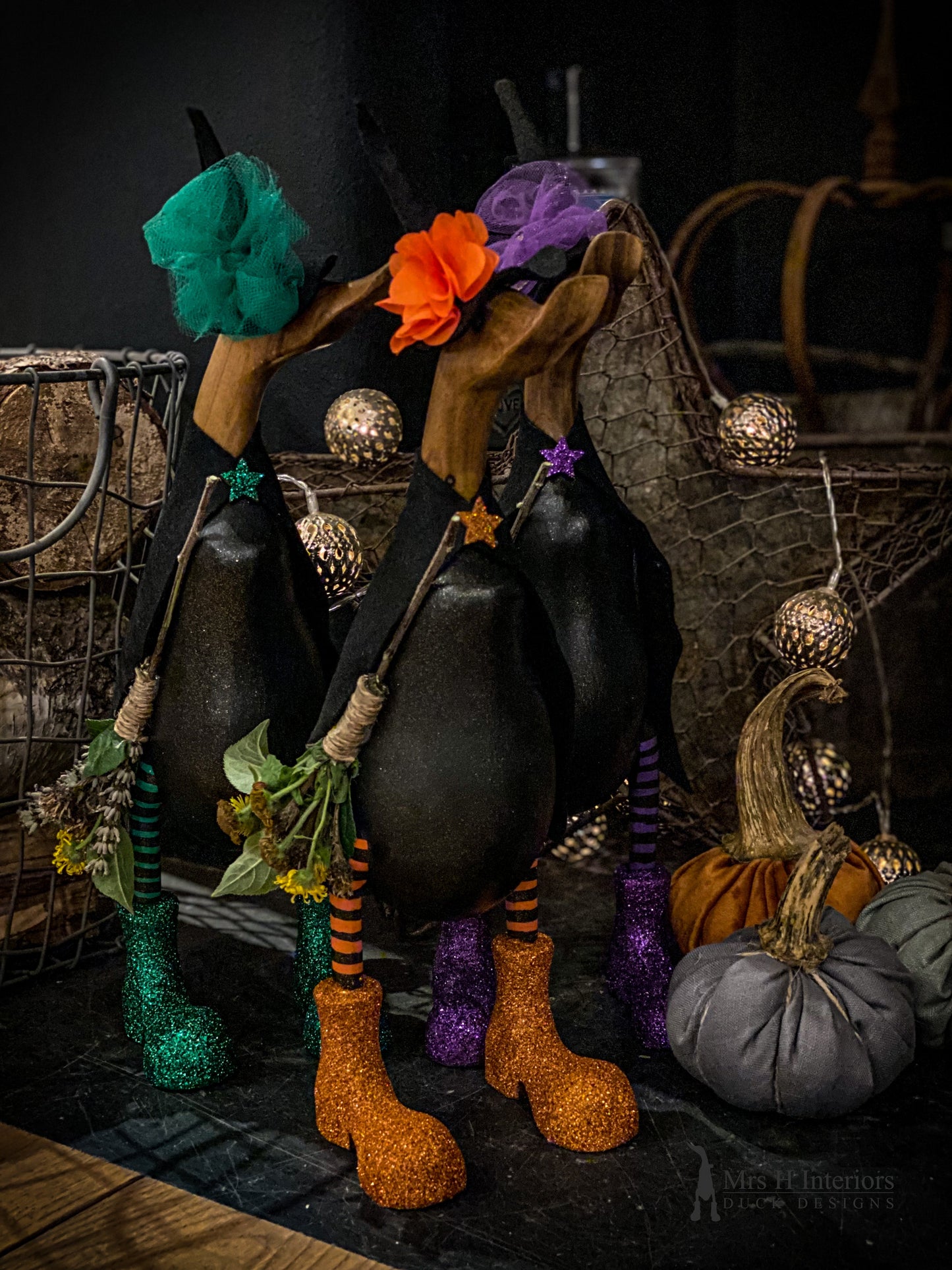 Jean The Witch Duck in Green - Decorated Wooden Duck in Boots by Mrs H the Duck Lady