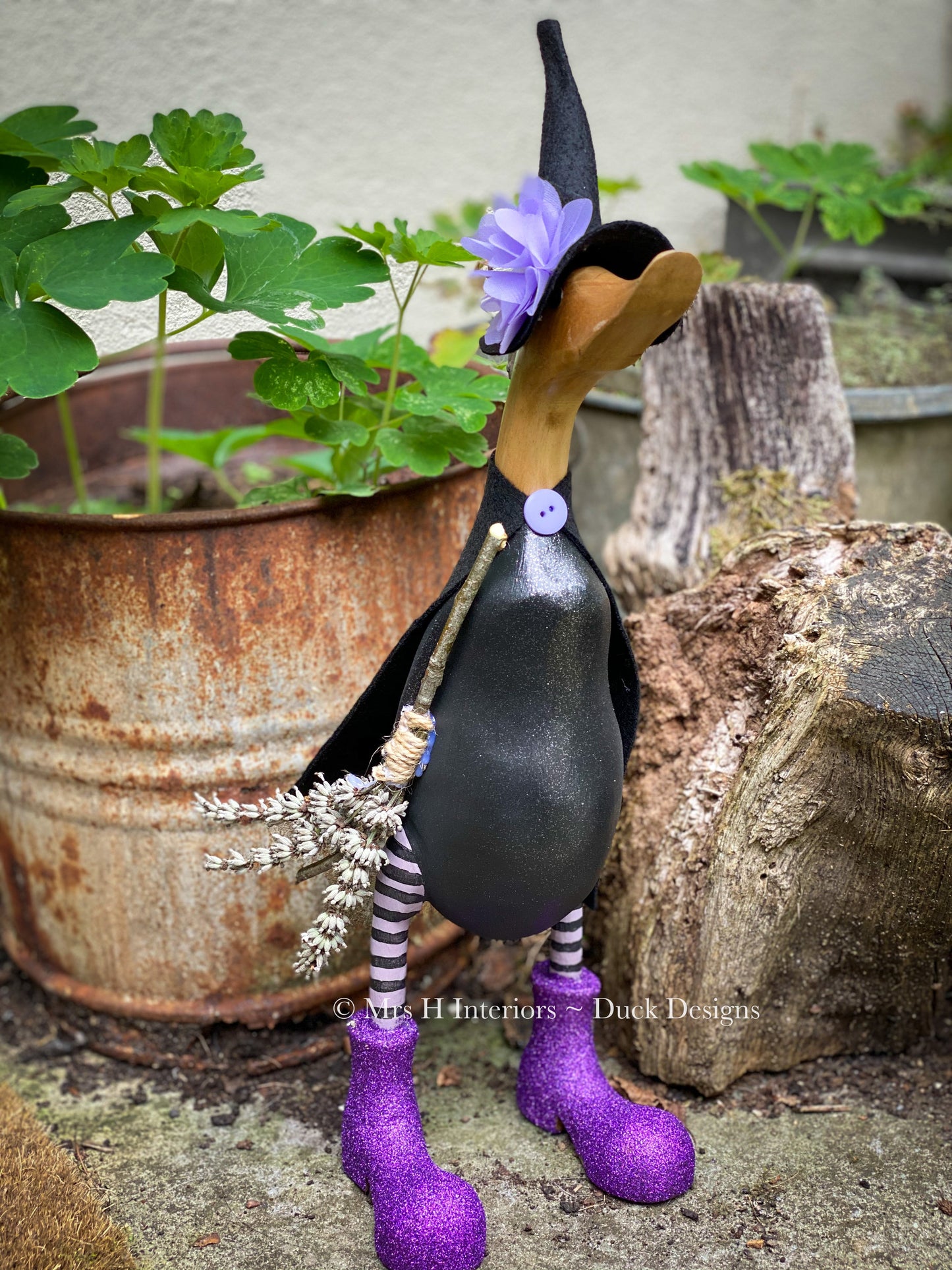 Jean The Witch Duck in Green - Decorated Wooden Duck in Boots by Mrs H the Duck Lady
