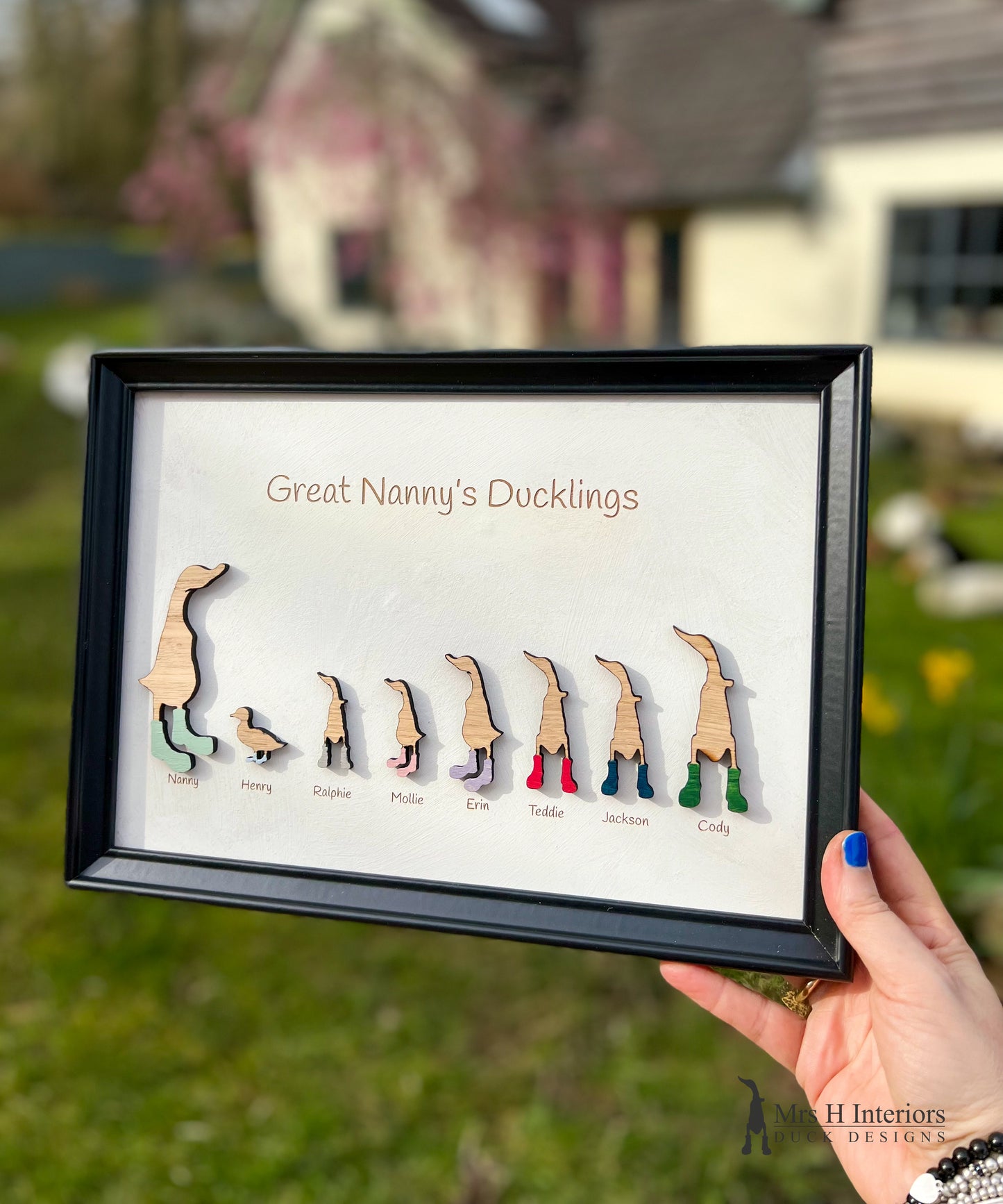 Family portrait A3. Personalised Decorated Wooden Ducks in Boots by Mrs H the Duck Lady