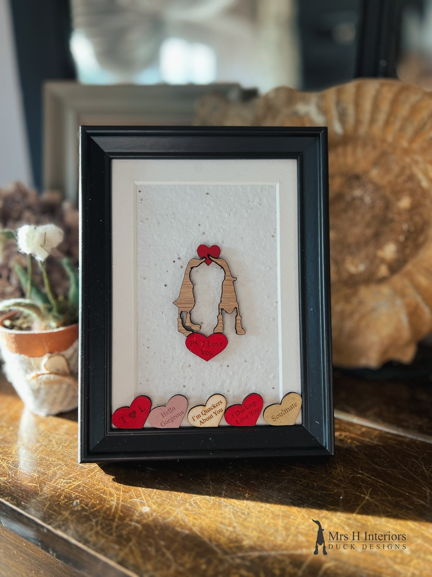 Personalised Love Ducks A5 Framed Artwork - Decorated Wooden Duck in Boots by Mrs H the Duck Lady