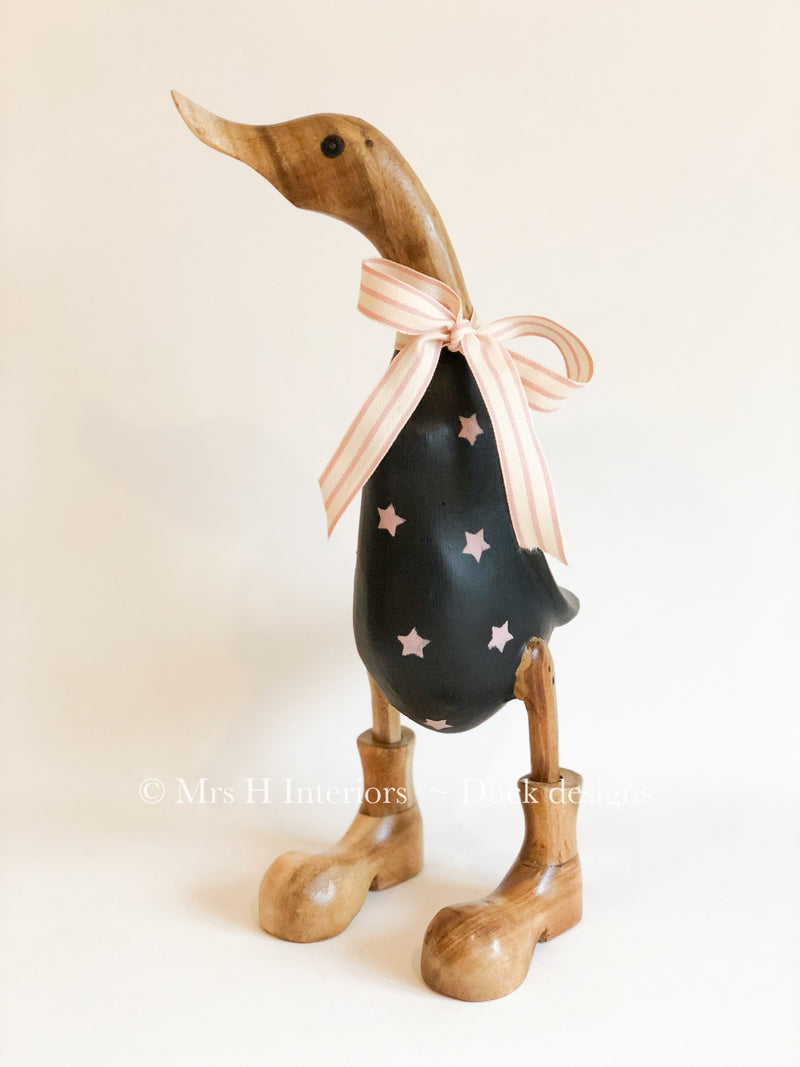 Black with Pink Stars Duck - Decorated Wooden Duck in Boots by Mrs H the Duck Lady