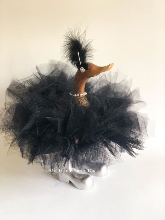 Black Tutu Duck, with added bling! Decorated Wooden Duck in Boots by Mrs H the Duck Lady