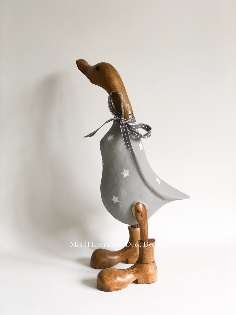Grey Duck with Stars - Decorated Wooden Duck in Boots by Mrs H the Duck Lady