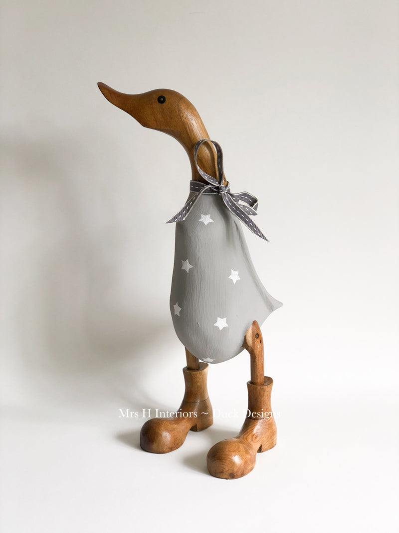 Grey Duck with Stars - Decorated Wooden Duck in Boots by Mrs H the Duck Lady