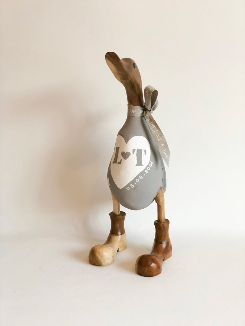 Anniversary or Occasion Duck, with initials and date - Decorated Wooden Duck in Boots by Mrs H the Duck Lady