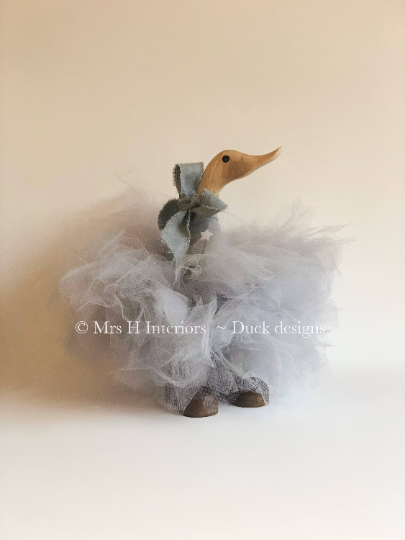 Bea - Grey with Hearts Grey Tutu Duckling - Decorated Wooden Duck in Boots by Mrs H the Duck Lady