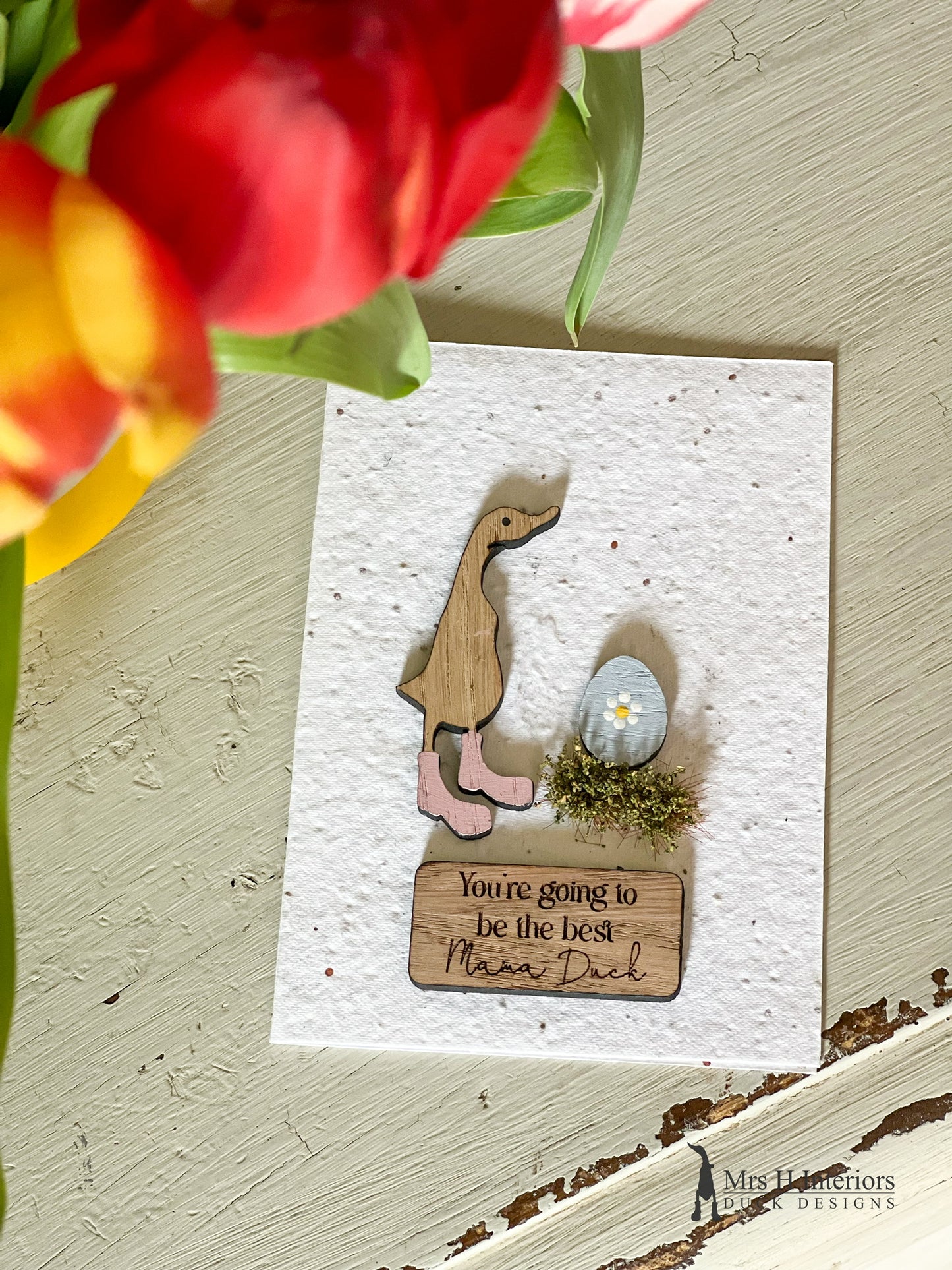You're Going To Be The Best Mama Duck - Duck with Egg - Mother To Be Card - Decorated Wooden Duck in Boots by Mrs H the Duck Lady