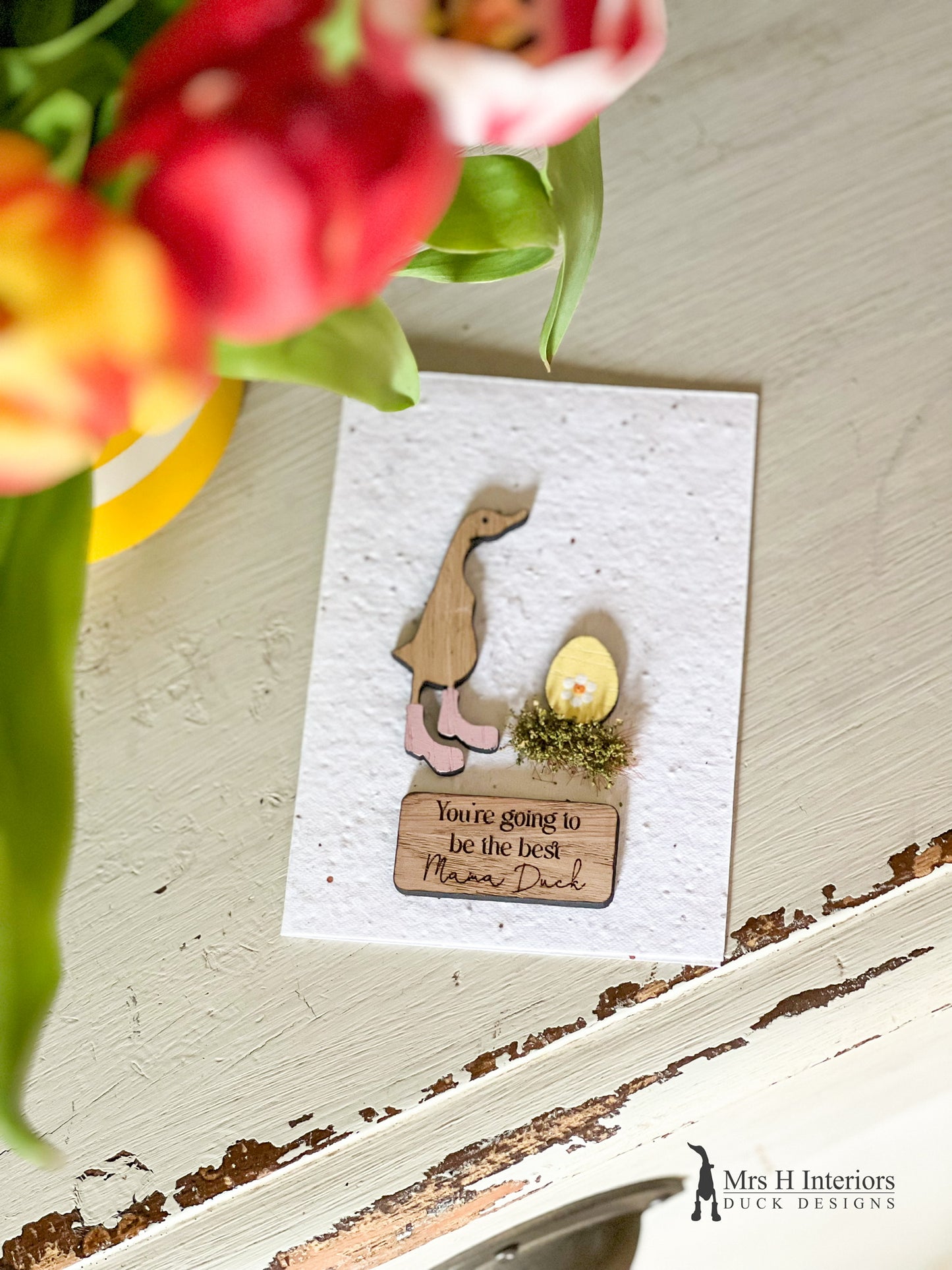 You're Going To Be The Best Mama Duck - Duck with Egg - Mother To Be Card - Decorated Wooden Duck in Boots by Mrs H the Duck Lady
