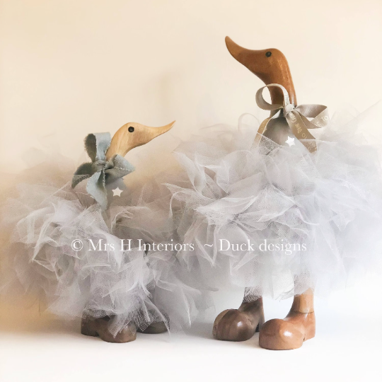 Bubbles and Bea Matching Set - Grey with Hearts Grey Tutu Ducks - Decorated Wooden Duck in Boots by Mrs H the Duck Lady