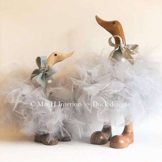 Bubbles and Bea Matching Set - Grey with Hearts Grey Tutu Ducks - Decorated Wooden Duck in Boots by Mrs H the Duck Lady