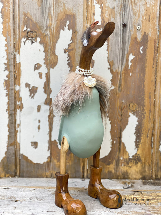 Caped Country Lady in Sage Green - Personalised Decorated Wooden Duck in Boots by Mrs H the Duck Lady