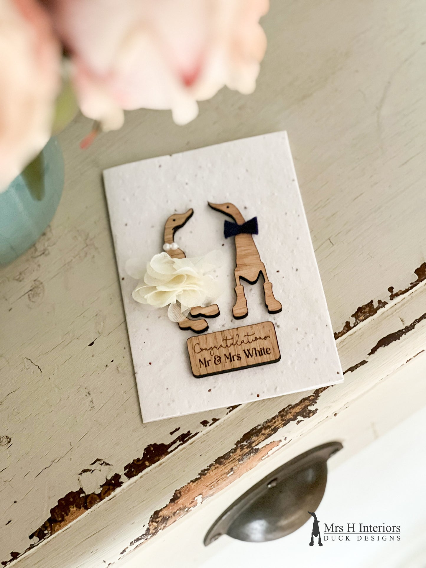 Congratulations Mr & Mrs (personalised name) Card - Duck Wedding Couple - Decorated Wooden Duck in Boots by Mrs H the Duck Lady