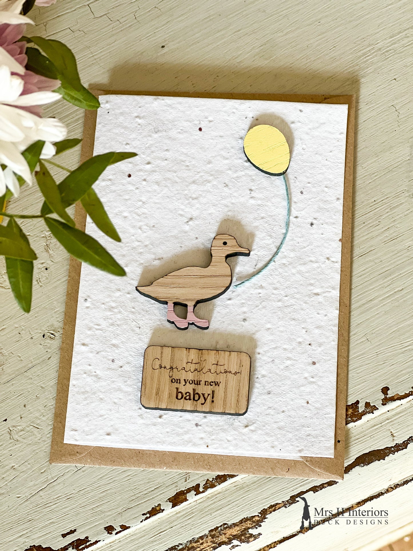Congratulations New Baby - Duckling & Balloon - Greetings Card - Decorated Wooden Duck in Boots by Mrs H the Duck Lady