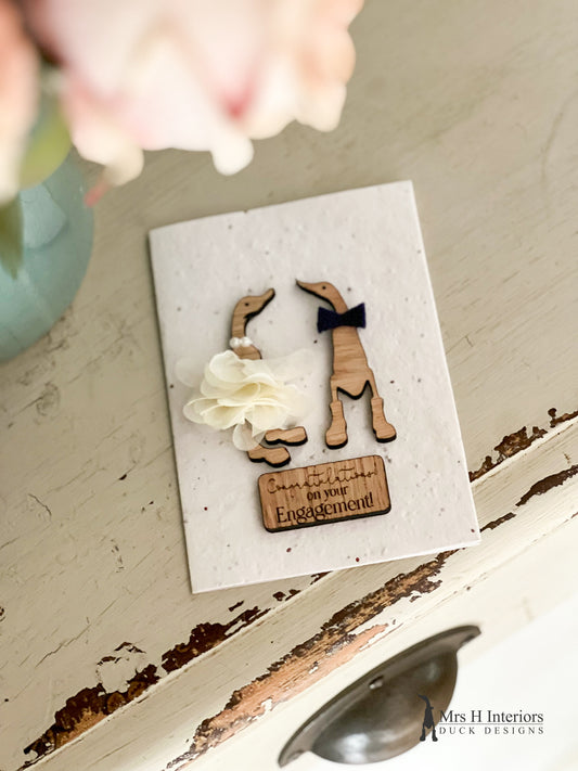 Congratulations on Your Engagement Card - Duck Wedding Couple - Decorated Wooden Duck in Boots by Mrs H the Duck Lady