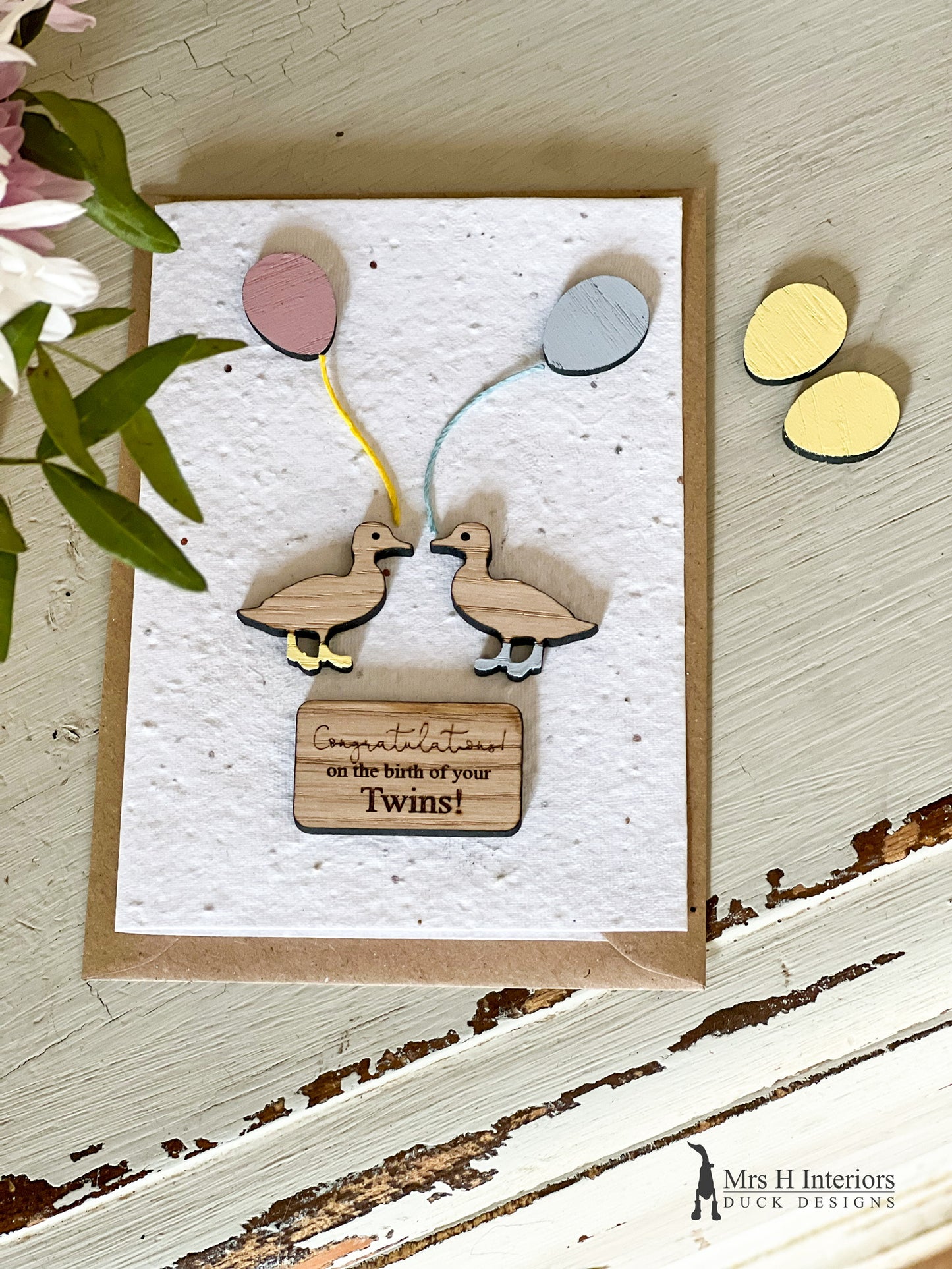 Congratulations New Baby Twins Card - Ducklings & Balloons - Greetings Card - Decorated Wooden Duck in Boots by Mrs H the Duck Lady