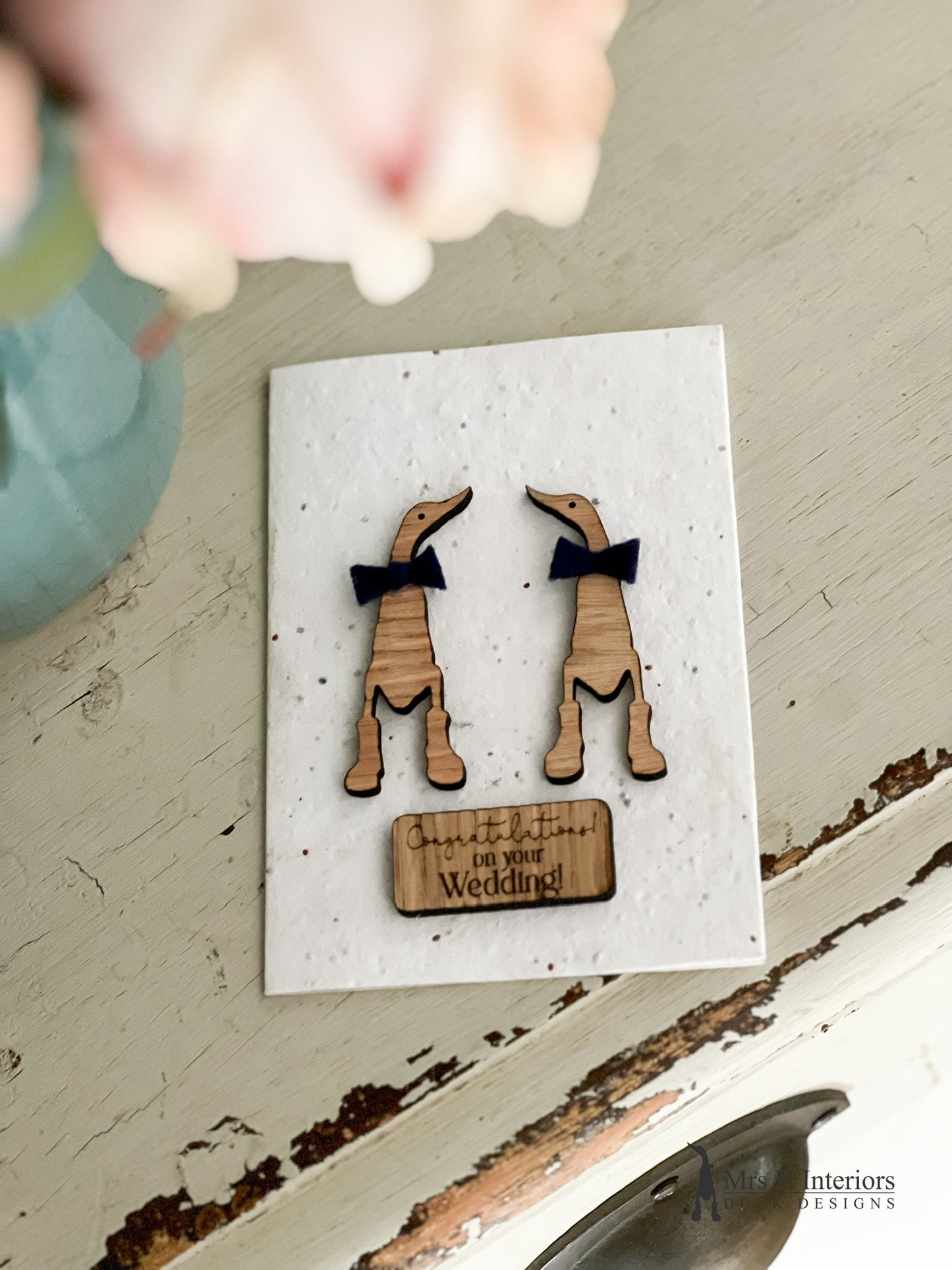 Congratulations on Your Wedding Card - Duck Wedding Couple - Decorated Wooden Duck in Boots by Mrs H the Duck Lady