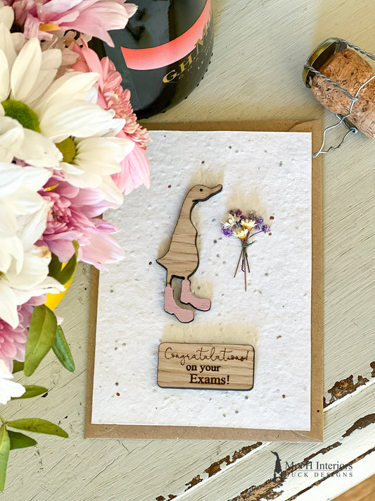 Congratulations on Your Exams Card - Duck with Flowers - Decorated Wooden Duck in Boots by Mrs H the Duck Lady