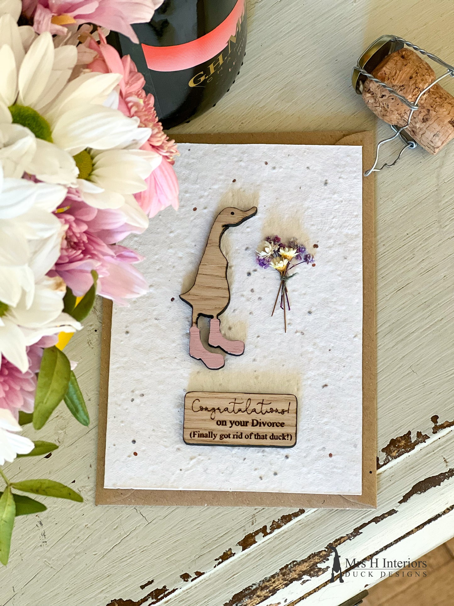 Congratulations on Your Divorce Card - Duck with Flowers - Decorated Wooden Duck in Boots by Mrs H the Duck Lady