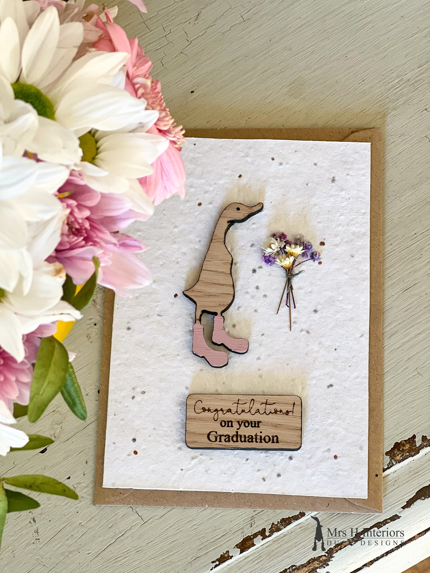 Congratulations on Your Graduation Card - Duck with Flowers - Decorated Wooden Duck in Boots by Mrs H the Duck Lady