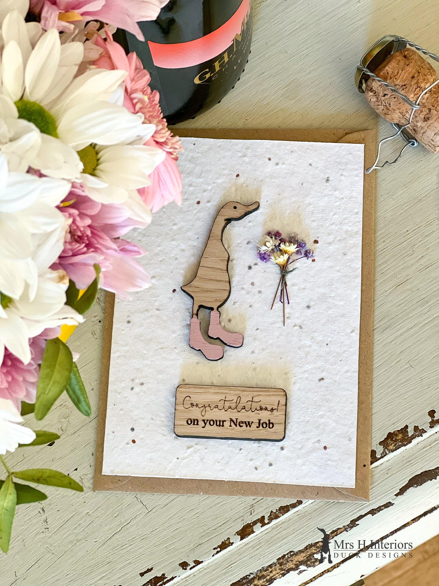 Congratulations on Your New Job Card - Duck with Flowers - Decorated Wooden Duck in Boots by Mrs H the Duck Lady
