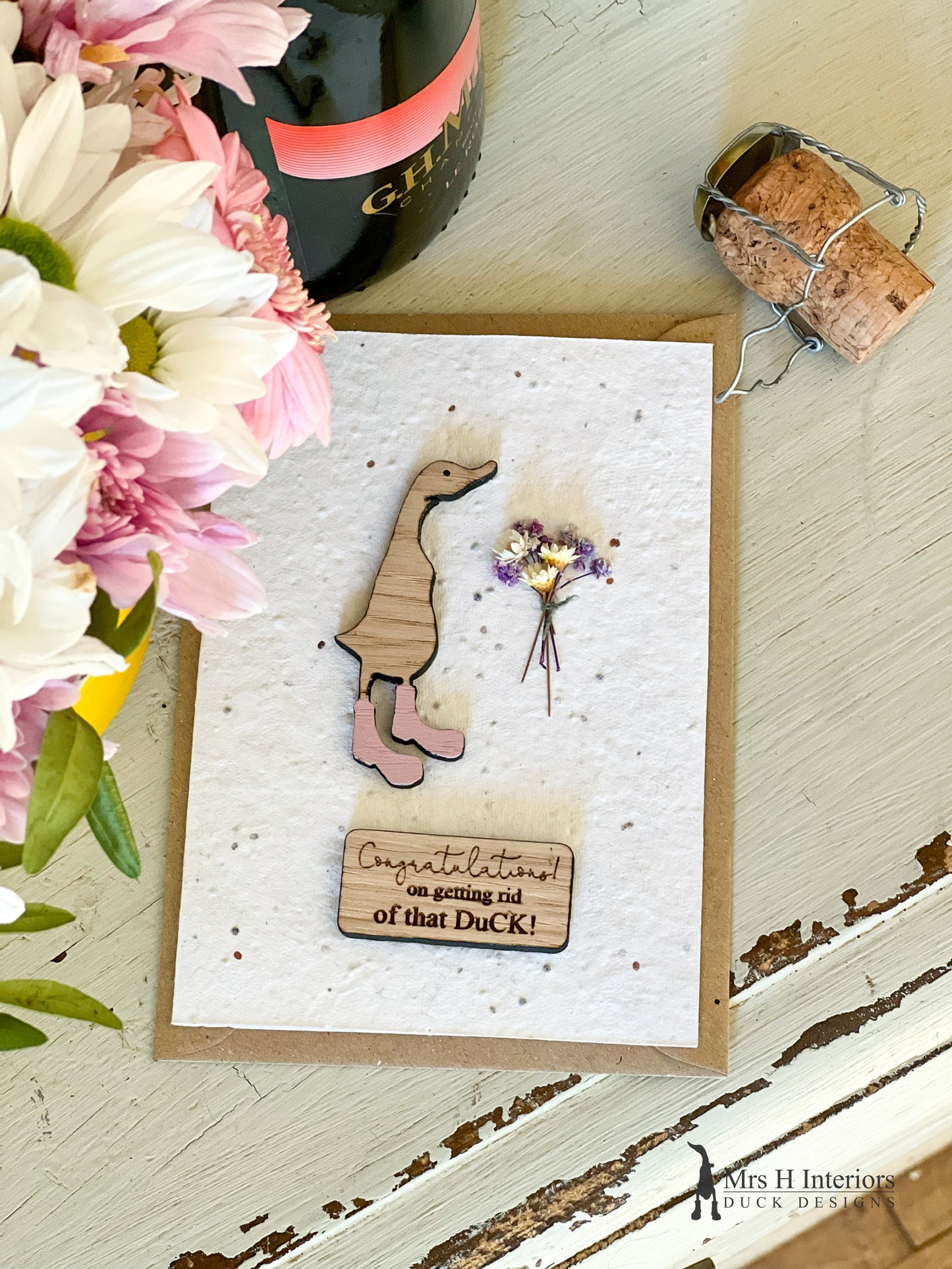 Congratulations on Getting Rid of That Duck Card - Duck with Flowers - Decorated Wooden Duck in Boots by Mrs H the Duck Lady