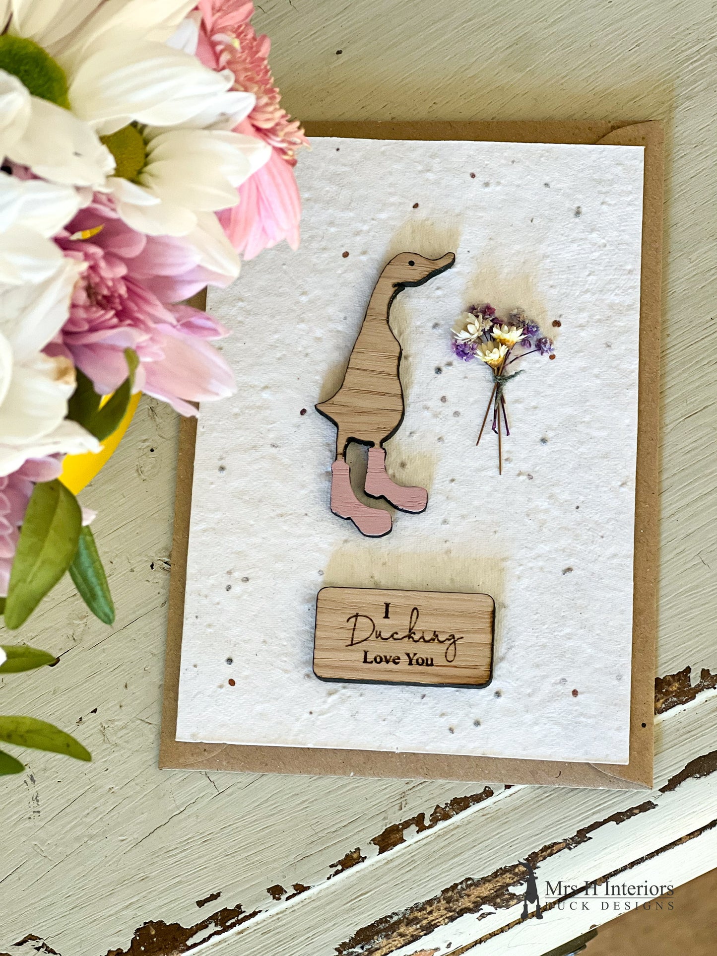 I Ducking Love You - Duck with Flowers - Greetings Card - Decorated Wooden Duck in Boots by Mrs H the Duck Lady