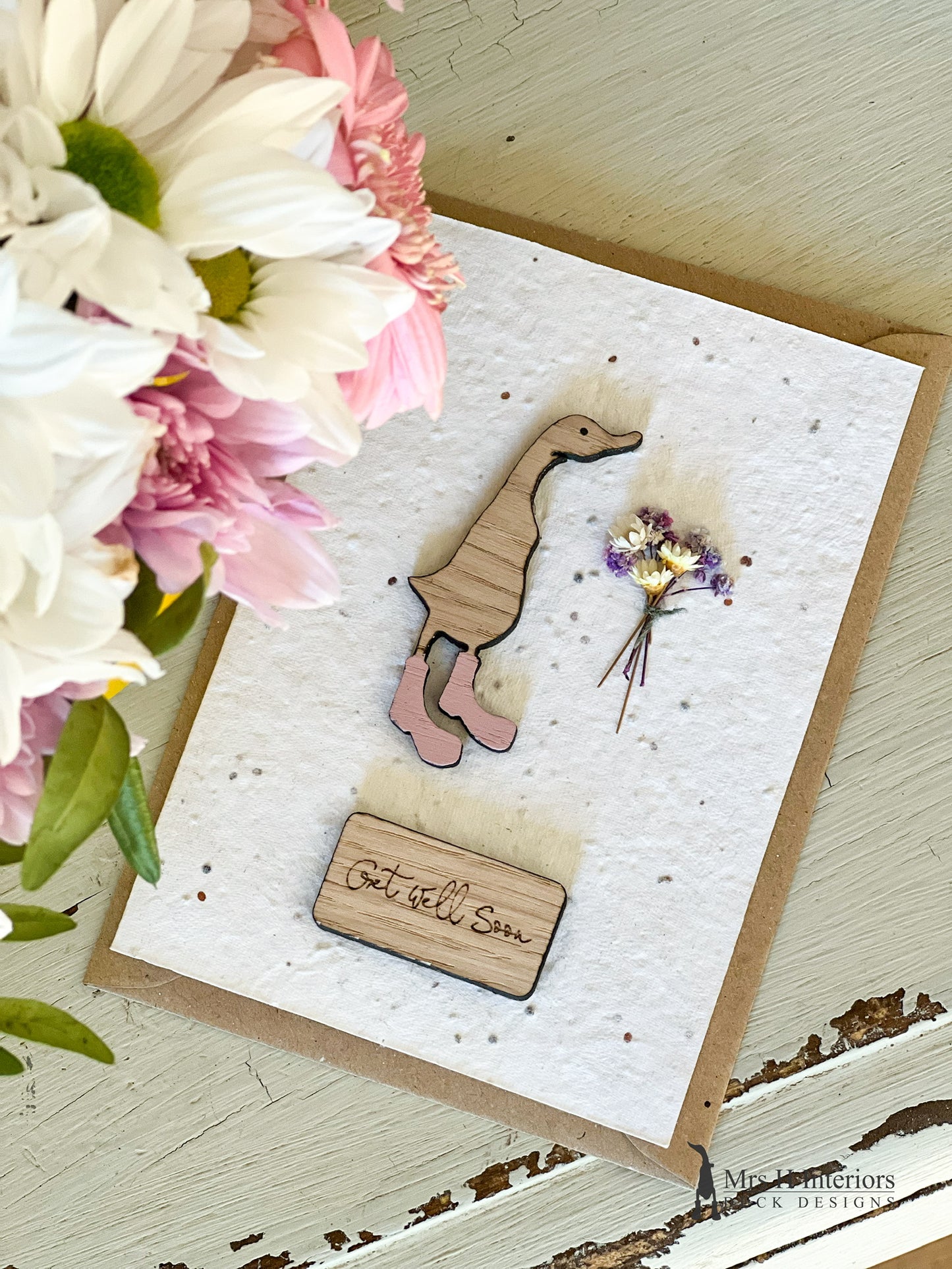 Get Well Soon - Duck with Flowers - Get Well Soon Card - Decorated Wooden Duck in Boots by Mrs H the Duck Lady