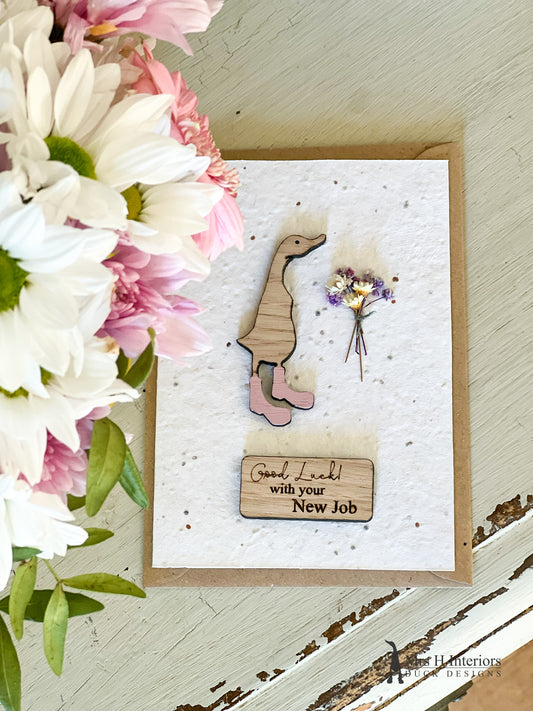 Good Luck With Your New Job - Duck with Flowers - Good Luck Card - Decorated Wooden Duck in Boots by Mrs H the Duck Lady