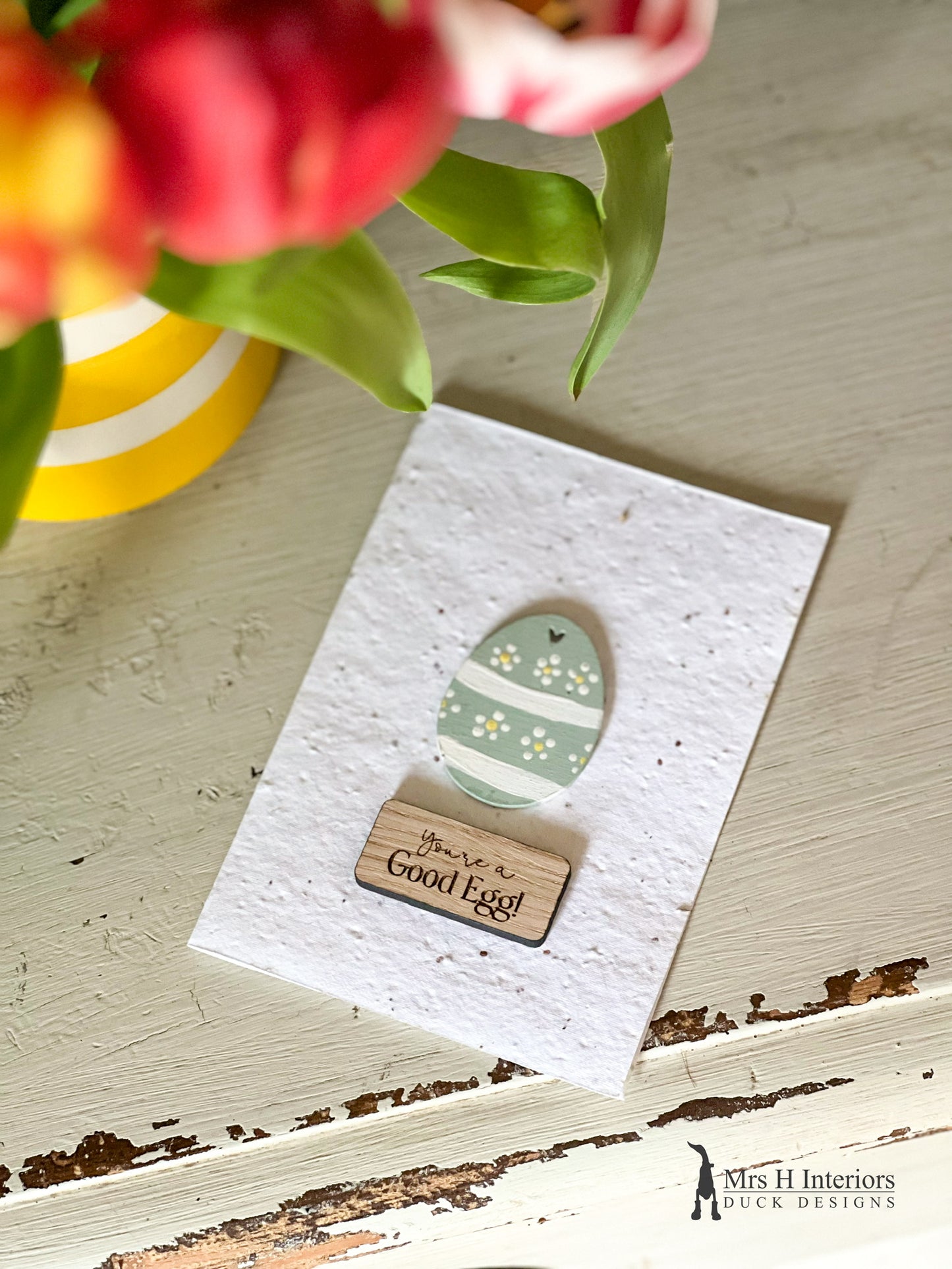 You're A Good Egg Card - Decorated Egg - Decorated Wooden Duck in Boots by Mrs H the Duck Lady