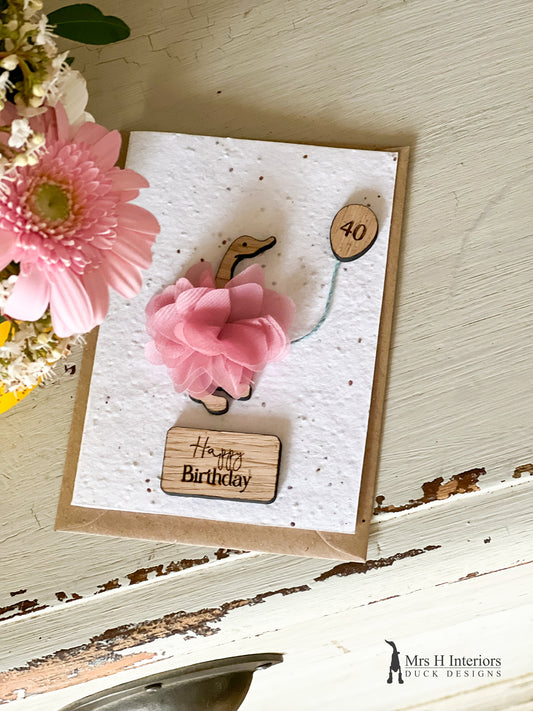 Happy Birthday - Special Birthday 40 - Greetings Card - Decorated Wooden Duck in Boots by Mrs H the Duck Lady