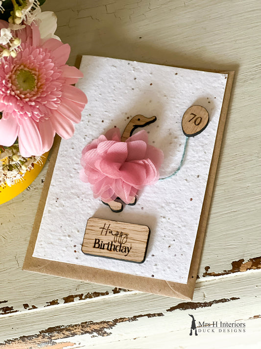 Happy Birthday - Special Birthday 70 - Greetings Card - Decorated Wooden Duck in Boots by Mrs H the Duck Lady