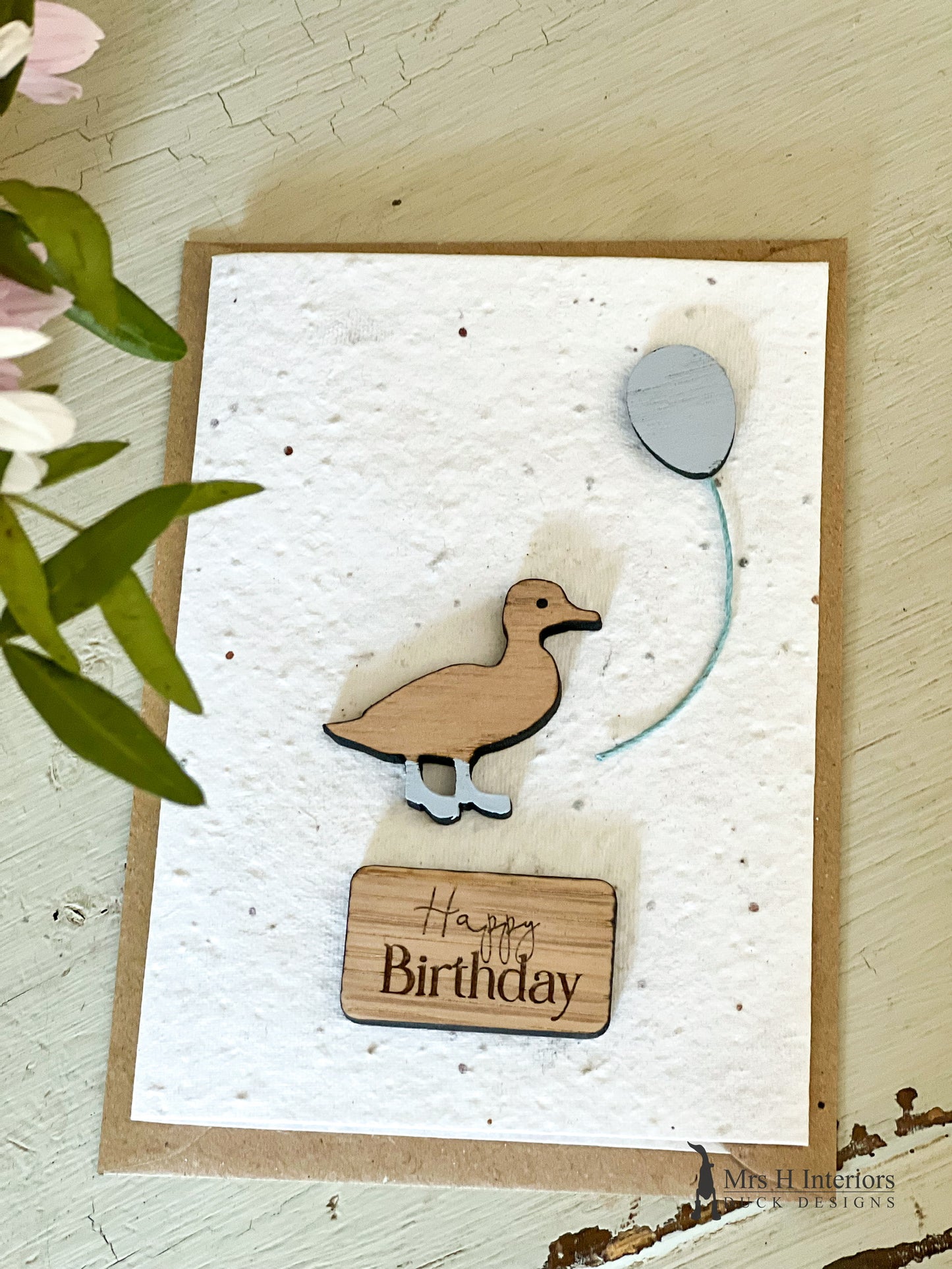 Happy Birthday - Duckling & Balloon - Greetings Card - Decorated Wooden Duck in Boots by Mrs H the Duck Lady