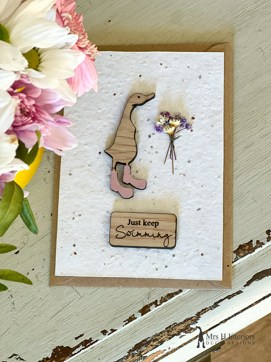 Just Keep Swimming - Duck with Flowers - Greetings Card - Decorated Wooden Duck in Boots by Mrs H the Duck Lady