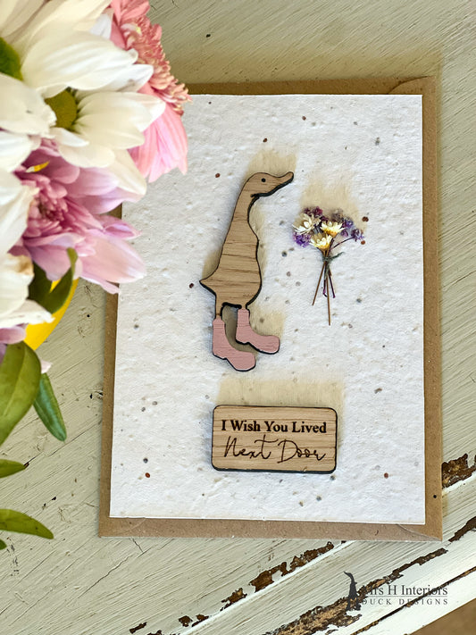 I Wish You Lived Next Door - Duck with Flowers - Greetings Card - Decorated Wooden Duck in Boots by Mrs H the Duck Lady