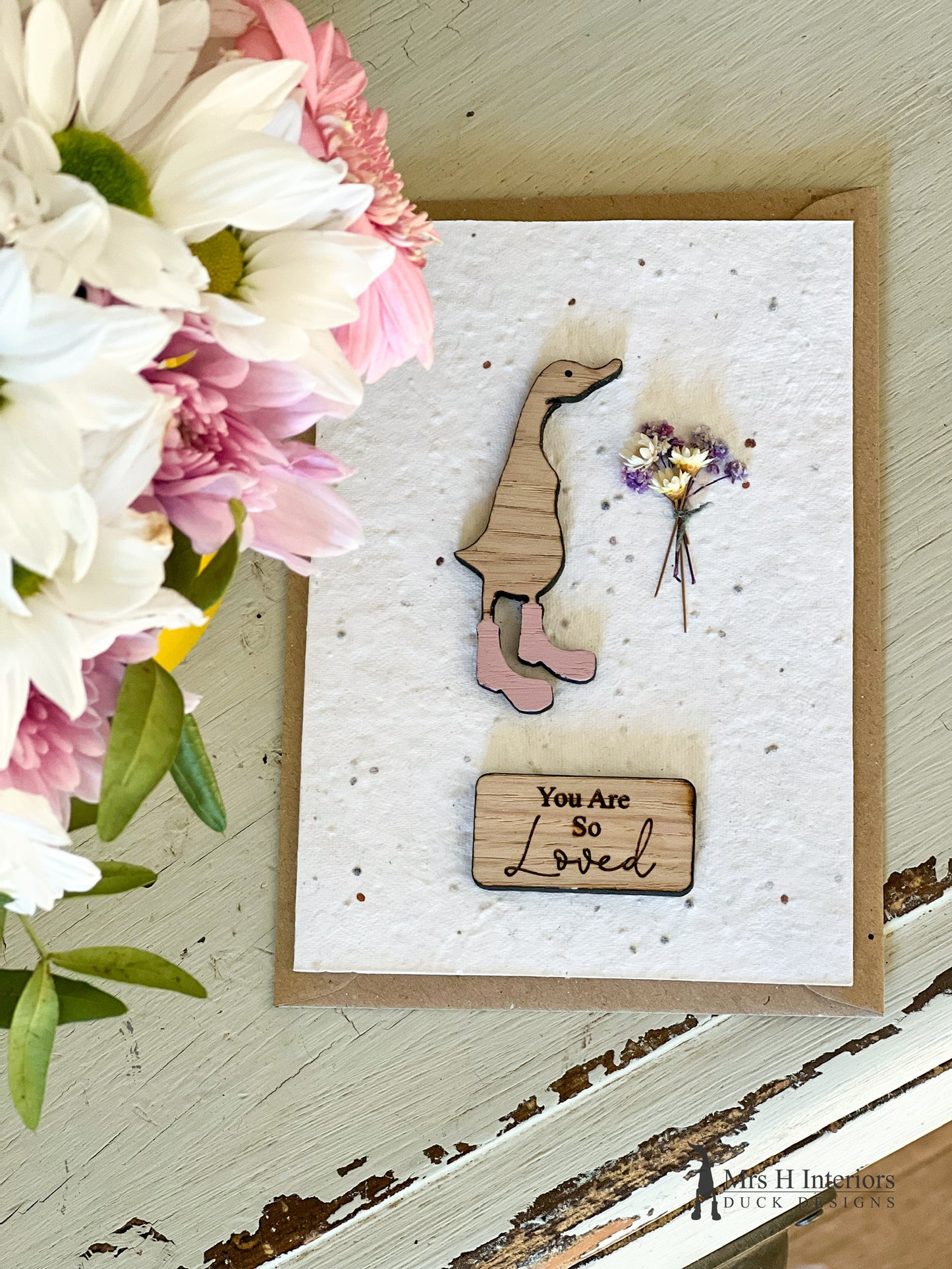 You Are So Loved - Duck with Flowers - Greetings Card - Decorated Wooden Duck in Boots by Mrs H the Duck Lady