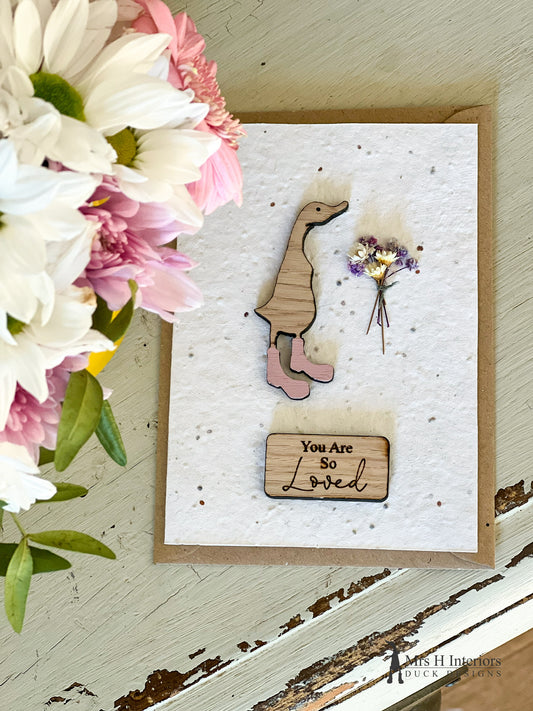 You Are So Loved - Duck with Flowers - Greetings Card - Decorated Wooden Duck in Boots by Mrs H the Duck Lady