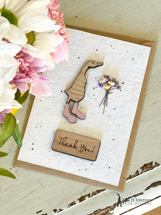 Thank You Card - Duck with Flowers - Decorated Wooden Duck in Boots by Mrs H the Duck Lady