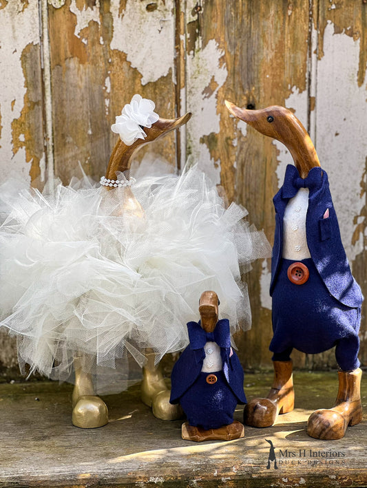 Bridal Couple - Tutu Bride & Navy Groom Wedding Pair - Decorated Wooden Duck in Boots by Mrs H the Duck Lady