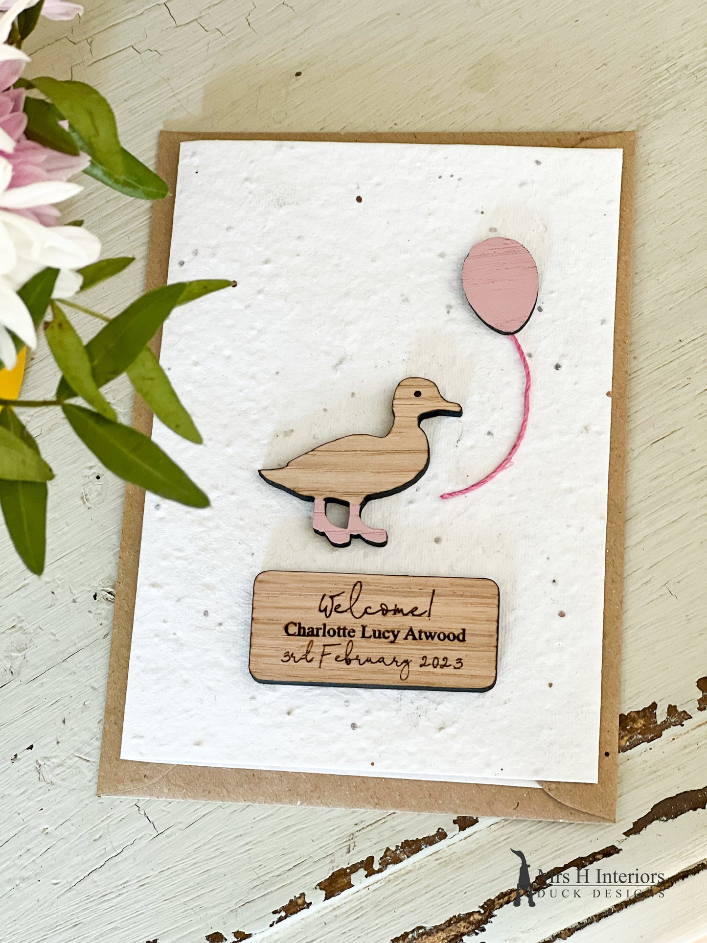 Welcome (name & date) - Duckling & Balloon - Congratulations New Baby Greetings Card - Decorated Wooden Duck in Boots by Mrs H the Duck Lady